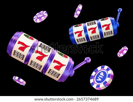 3D neon slot machine with flying casino chips on black isolated background. Online casino. Gambling concept design. 3d vector illustration.