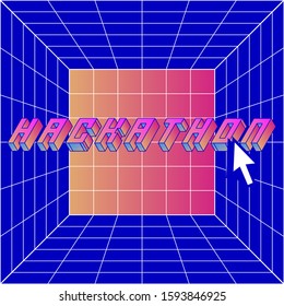 3D neon title "Hackathon" in cube with perspective grid. Retrofuturistic cover for Programming Event in Vaporwave and Retrowave 80's-90's aesthetics style.