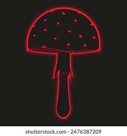 3D Neon Toadstool isoliert schwarzen Hintergrund. Halluzinogener Pilz mit modernem Neonglüheffekt. Psychedelische Hippie-Vektorgrafik für Web und Social Media im Trend 90er 80er Jahre Stil.