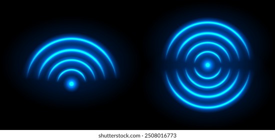 3d neon wifi symbol on black transparent background. Blue radio sound wave signal. Set of abstract illustrations of light effects with glow.