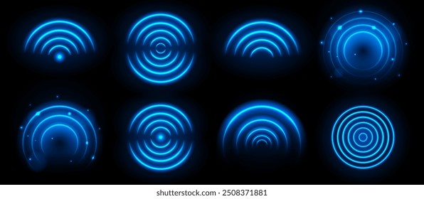 Símbolo 3d neon wifi no fundo preto transparente. Sinal de onda sonora de rádio azul. Conjunto de ilustrações abstratas de efeitos de luz com brilho.