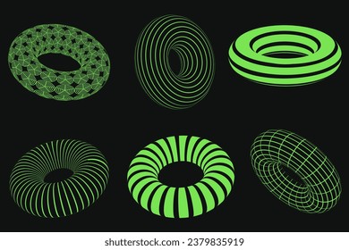 3D neon wireframe figures. Cyber neo-futuristic 3D objects and shapes. Frame wavy geometric perspective donut shape. 80s cyberpunk elements, vector set. 