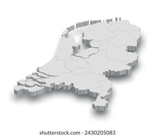 3d Netherlands white map with regions isolated on white background