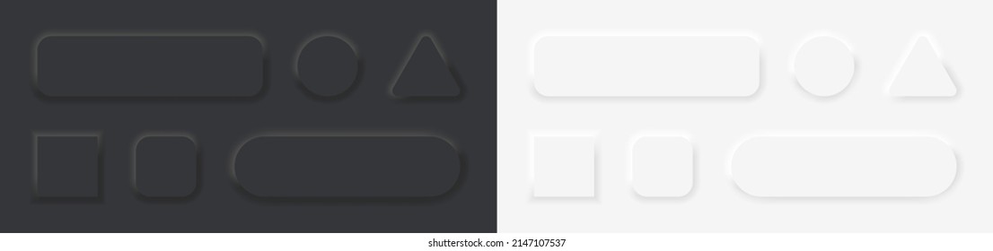 Botones de neumorfo 3d. Círculo blanco y negro, cuadrado, botones de neumorfo triangular con sombra. Juego de insignias para ui aisladas en fondo blanco y negro. Iconos para diseño web moderno. Vector.