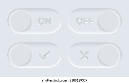 3D Neumorphism on off button symbol, soft white slider bars, active unlock and lock power badges, user interface switch panels.