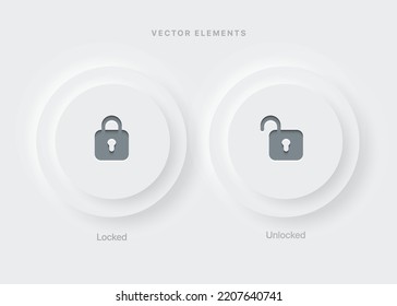 3D Neumorphism on off icon push button symbol, soft white slider bars, active unlock and lock power badges, user interface switch panels.