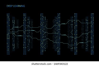 3D Neural network with six layers. Illustration of structured big data for presentations, banners, posters. Artificial intelligence, machine learning or deep learning computing. Vector illustration.