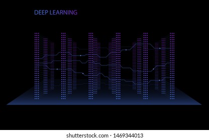 3D Neural network with six layers. Illustration of structured big data for presentations, banners, posters. Artificial intelligence, machine learning or deep learning computing. Vector illustration.