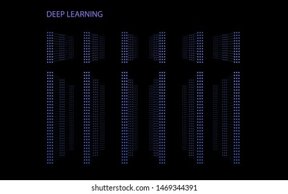 3D Neural network with six layers. Illustration of structured big data for presentations, banners, posters. Artificial intelligence, machine learning or deep learning computing. Vector illustration.