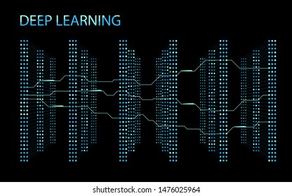 3D Neural network with six layers. Illustration of structured big data for presentations, banners, posters. Artificial intelligence, machine learning or deep learning computing. Vector illustration.