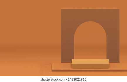 3d neutral brown geometric stage podium mock up for product presentation realistic vector illustration. Pastel beige minimalist pedestal with arch squared frame wall background for advertising