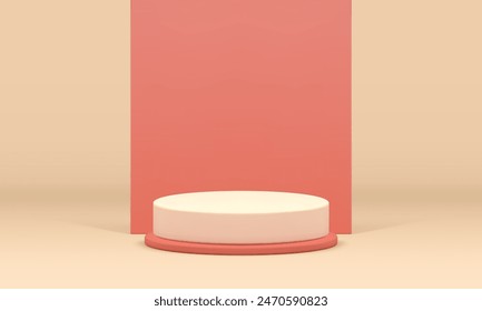 3d neutro podio pedestal maqueta para la presentación de productos cosméticos Ilustración vectorial realista. Escaparate comercial de la exhibición del cilindro del beige pastel con el fondo de la pared para la promoción