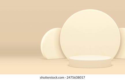 3d neutral podium showcase geometric shapes interior for presentation realistic vector illustration. Trendy light pastel cylinder pedestal with circle wall background for product show advertising