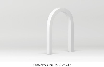 3d neutral showcase empty studio display with arch mock up for cosmetic product show presentation vector illustration. Realistic white showroom interior with isometric archway studio background