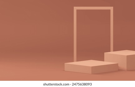 3d neutral squared podium display mock up for product show realistic vector illustration. Beige brown minimalist aesthetic pedestal with rectangle frame cube platform for promo presentation