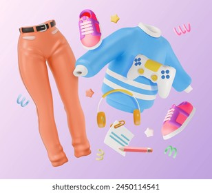 3d Nuevo otoño adolescente ropa Colección concepto de fondo de dibujos animados estilo. Ilustración vectorial de suéter flotante, jeans y zapatos par