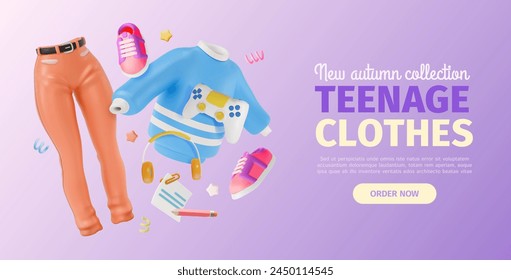 3d New Autumn Teenage Clothing Collection Ads Banner Concept Poster Card. Vector illustration of Floating Sweater, Jeans and Shoes Pair