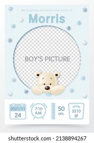 3d New baby boy photo birth announcement card, Newborn poster, height, weight, date of birth with cute bear. Baby Shower. Vector illustration on blue background.