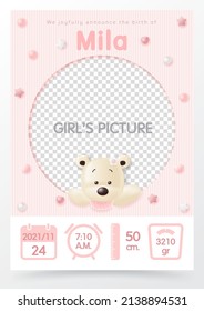 3d New baby girl photo birth announcement card, Newborn poster, height, weight, date of birth with cute bear. Baby Shower. Vector illustration on pink background.