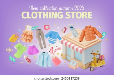 3D Neue Kollektion Herbst Bekleidung Store Ads Banner Concept Plakatkarte. Vektorillustration von Schwimmpullover, Schuhe und Jacke