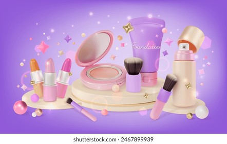 Maquillaje de Colección Nueva 3d Concepto de Producto cosmético Fondo Estilo de diseño de dibujos animados. Ilustración vectorial de lápiz labial, niebla, base, polvo y cepillo