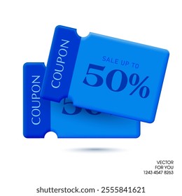 3d new couple of coupons with coupon code, banner tag, percent price off, isolated on white background. Gift vouchers icon for popup banner in 3d vector