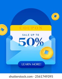 3d new coupon inside an envelope with CTA button, percent price off, coupon code, isolated on blue background with golden coins flying around. Gift voucher banner template in 3d vector