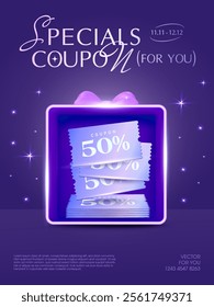 3d new coupons inside an gift box, percent price off, coupon code, isolated on dark purple background with shining effect. Gift vouchers banner template in 3d vector