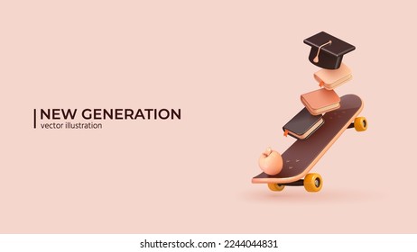 3D - New Generation Concept. Realistic 3d Design of Skateboard, book and College cap, graduation cap, mortar board. Education, degree ceremony. Vector illustration in cartoon minimal style.