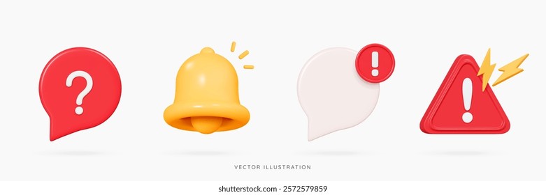 3D New important message icon set with bell, speech bubble, question and exclamation marks. Red danger notice. Reminder or notification. Cartoon design icons isolated on white. 3D Vector illustration