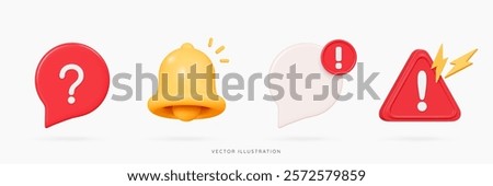 3D New important message icon set with bell, speech bubble, question and exclamation marks. Red danger notice. Reminder or notification. Cartoon design icons isolated on white. 3D Vector illustration