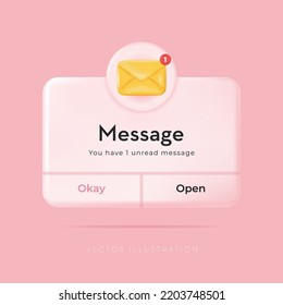 3D New message, Popup page with floating envelope. Social media, business event planning, reminders. Vector Illustration in minimal 3D style