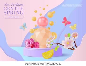 3d New Perfume Gentle Spring Cosmetic Product Concept Ads Banner Poster Card. Vector illustration