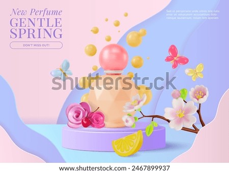 3d New Perfume Gentle Spring Cosmetic Product Concept Ads Banner Poster Card. Vector illustration