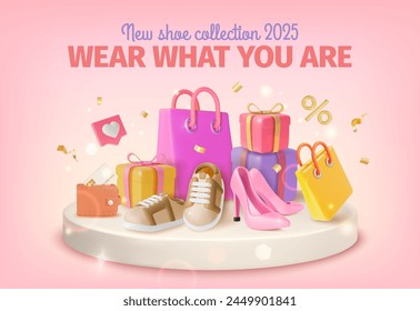 3d New Shoes Collection Ads Banner Concept Poster Card with Podium Scene with Paper Bag and High Heels Cartoon Design Style. Vector illustration