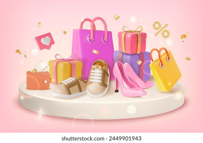 3d New Shoes Collection Concept Background Cartoon Design Style with Podium Scene with Paper Bag and High Heels. Vector illustration