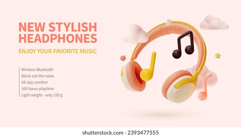 3d New Stylish Headphones Music Gadget Accessory Placard Poster Banner Card Template Cartoon Style. Vector illustration of Wireless Earphones