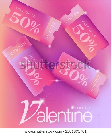 3d new valentine coupon with shining effect, isolated on dark pink background. Valentine gift voucher with coupon code, percent price off. Vector icon