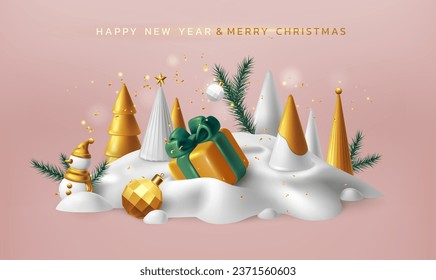 3D New Year background. Merry Christmas fir tree. Gift box. Winter celebration. Xmas balls. Holiday presents. Golden confetti and snowdrift. Festive render elements. Vector exact banner