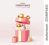 3d New Year and Christmas design. pink gifts boxes. Open gift box. Holiday banner, web poster, flyer, stylish brochure, greeting card, cover. 3d rendering. Vector illustration