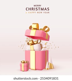 3d New Year and Christmas design. pink gifts boxes. Open gift box. Holiday banner, web poster, flyer, stylish brochure, greeting card, cover. 3d rendering. Vector illustration