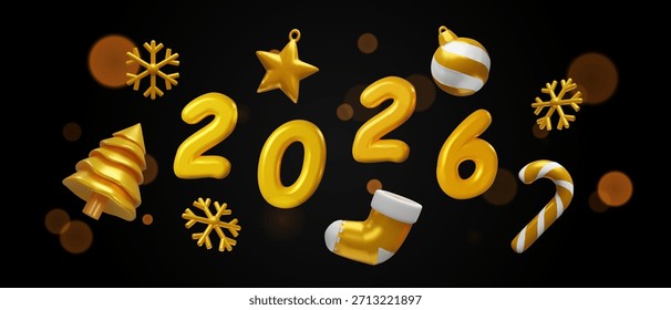 3D New Year composition with golden 2026 a Christmas tree, star, snowflakes, ornament. Holiday promotions, greeting cards, event banners, winter celebration designs, and New Year marketing materials.