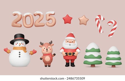 3d New Year elements. 2025 numbers with snow, cute Santa Claus, snowman in top hat, reindeer baby, green trees, stars and candy cane. Christmas objects. Standing characters. Xmas vector toys.