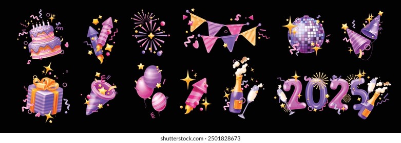 3D New Year party icon set, vector Christmas holiday celebration objects, firecracker, paper popper. Night club disco ball, champagne bottle, gift box, decoration flag, confetti. 3D party night kit 