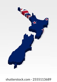 3D  New Zealand map with flag. Three dimensional map of France  with shadow. Flag of New Zealand on white background for your design, app, UI.  Stock vector. EPS10. 