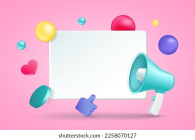 3d news announce, megaphone. Warning sign, alert or attention symbol, speech message. Wem banner template. Glossy isolated elements. Frame for information. Vector cartoon communicate concept