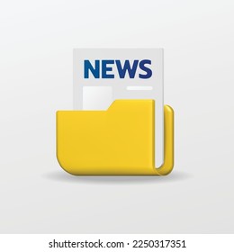 3d news and folder icon for website, label, banner, sticker, template and logo on white background. 3d style vector illustration design. Technology concept.