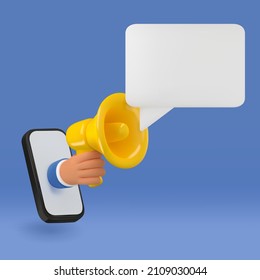 3d news notification illustration. Cartoon hand holding yellow megaphone realistic icon. Vector speech bubble, announcement concept