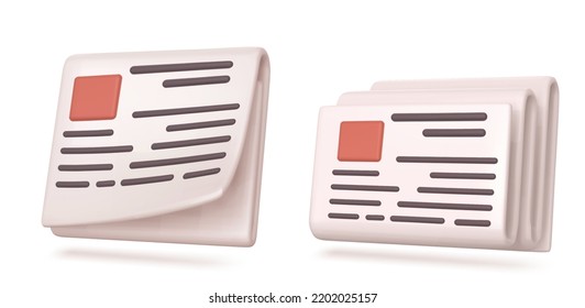 3D newspaper icons set isolated on white background. Vector illustration of press with articles and headlines on pages. Retro business media, daily source of information. Journalism and publishing