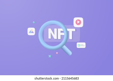 3d Nft Icon Concept Of Media File Management. Searching Image And Video Files In NFT Database. Document Management Soft, Document Flow App, Crypto Icon Docs Concept. 3d Vector Rendering Magnifying NFT